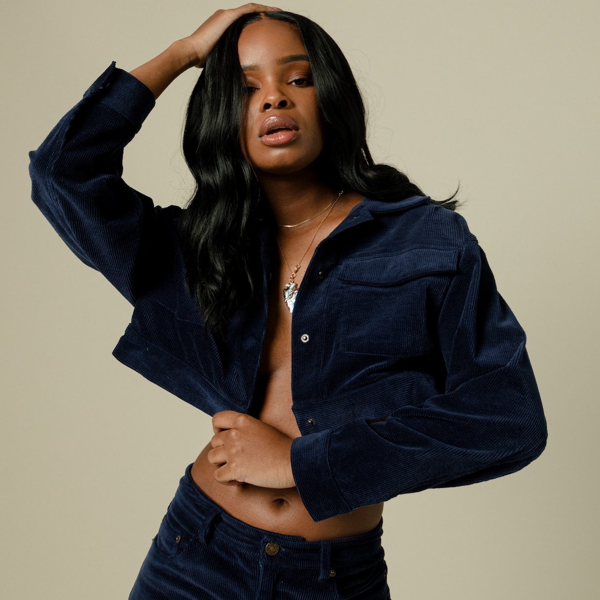 NAVY TIÉR CROPPED CORDUROY JACKET