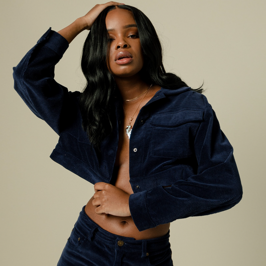 NAVY TIÉR CROPPED CORDUROY JACKET